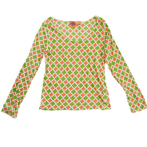 TORY BURCH Green and Orange Logo Scoop Neck Long Sleeve Tissue Tee Top M - Picture 1 of 9